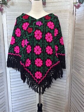 Hand Embroidered Mexican Poncho by Local Artisans of Hueyapan Puebla, Mexico